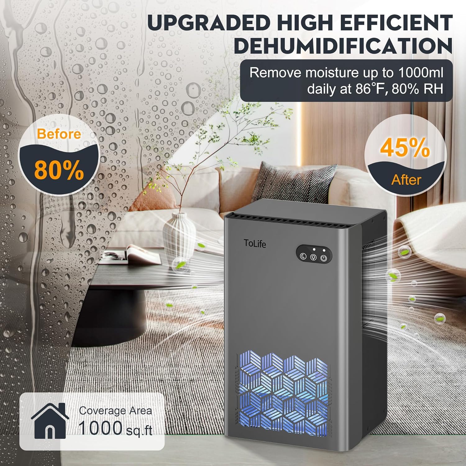 Dehumidifier for Home 95 OZ Water Tank, 1000 sq.ft Dehumidifiers Basement Bedroom Bathroom with Auto Shut Off 7 Colors LED Light, Grey
