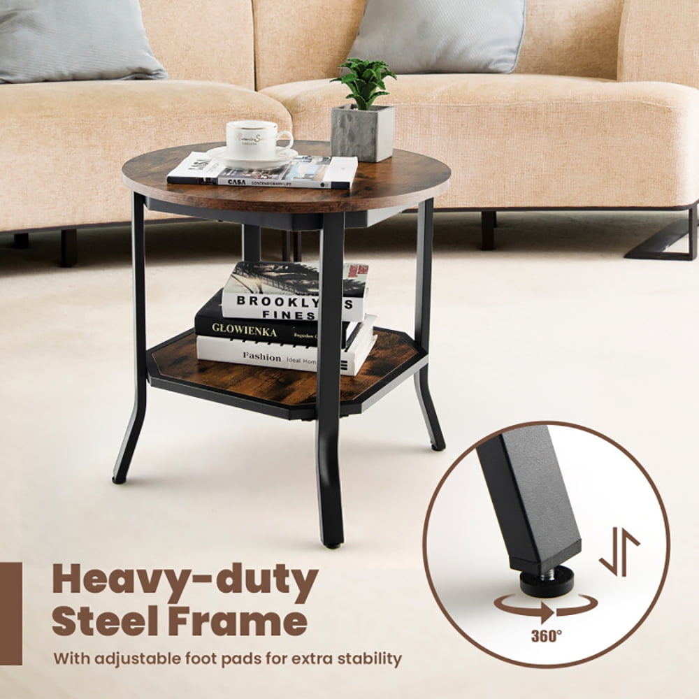 Finihen End Side Table, 2-Tier Round End Table with Storage Shelf, for Living Room, Bedroom, Brown Finihen End Side Table, 2-Tier Round End Table with Storage Shelf, for Living Room, Bedroom, Brown