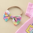 thumbnail image 6 of Kaprioy My First Easter Baby Girl Outfit Girls Clothes Rib Ruffle Short Sleeve Cartoon Rabbit Printed Romper Onesie Top Bell-Bottom Pants Headband Sets Cute Clothes, 6 of 7