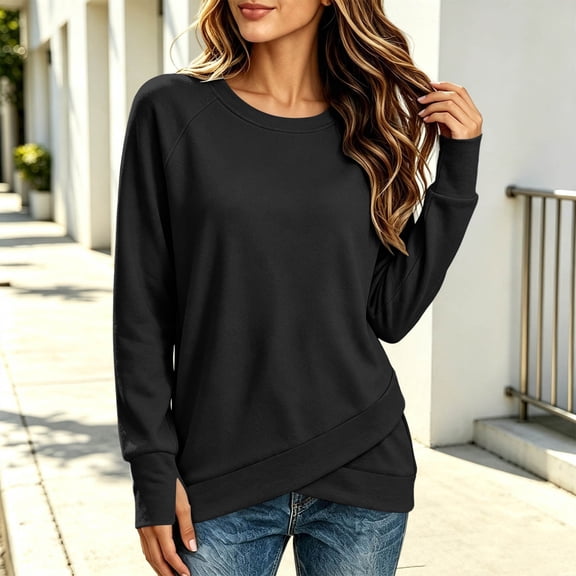 Hurxie Womens Sweatshirts Fall Fashion Long Sleeve Tops Comfy Crewneck Casual Shirts Black,XL