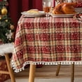 thumbnail image 1 of Granjero Gordo Mantel cuadrado con pompones, diseño de copos de nieve a cuadros, ideal para Navidad (rojo, 140 x 160 cm), 1 of 5