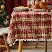 Zhuge Square Tablecloth with Pompoms, Check Snowflakes Pattern Table Cover Christmas Holiday Decorative(Red,55"x79")