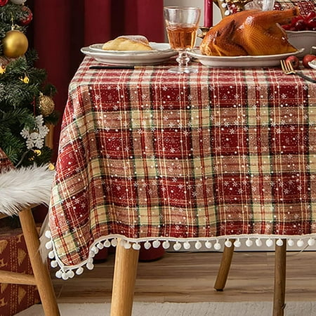 Zhuge Square Tablecloth with Pompoms, Check Snowflakes Pattern Table Cover Christmas Holiday Decorative(Red,55"x79")