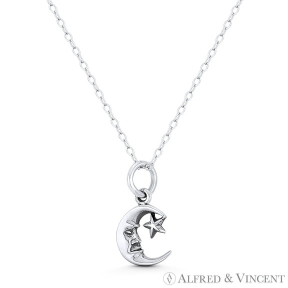 Crescent Moon & Star Astrological Charm 17x9mm (0.7x0.35in) Pendant & Chain Necklace in Oxidized .925 Sterling Silver
