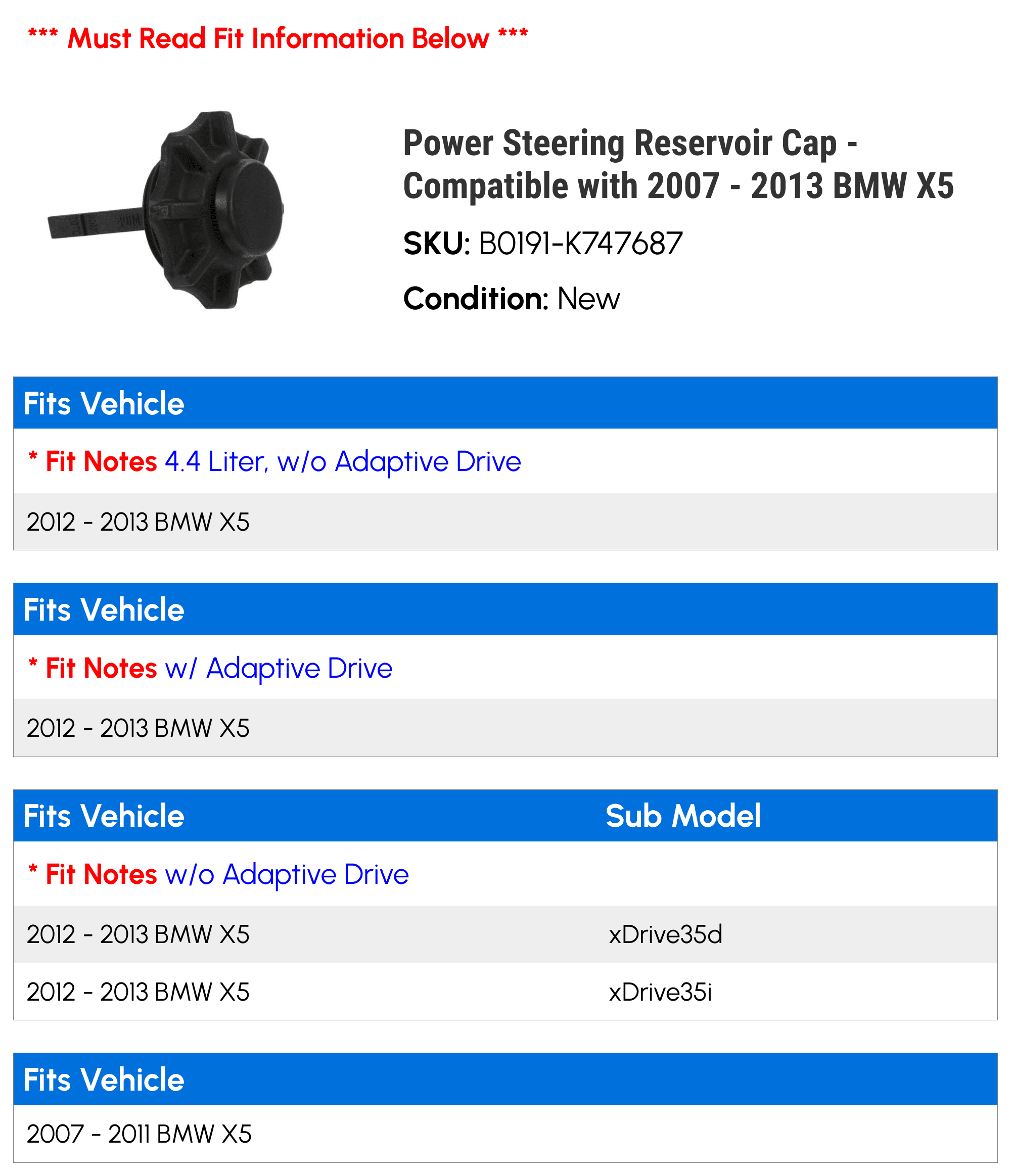Power Steering Reservoir Cap - Compatible with 2007 - 2013 BMW X5 2008 2009 2010 2011 2012