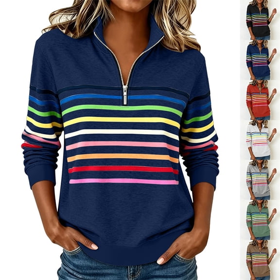 Otvok Women Quarter Zip Sweatshirt, Stand‑Collar Striped Long‑Sleeve Loose Casual Pullover Top