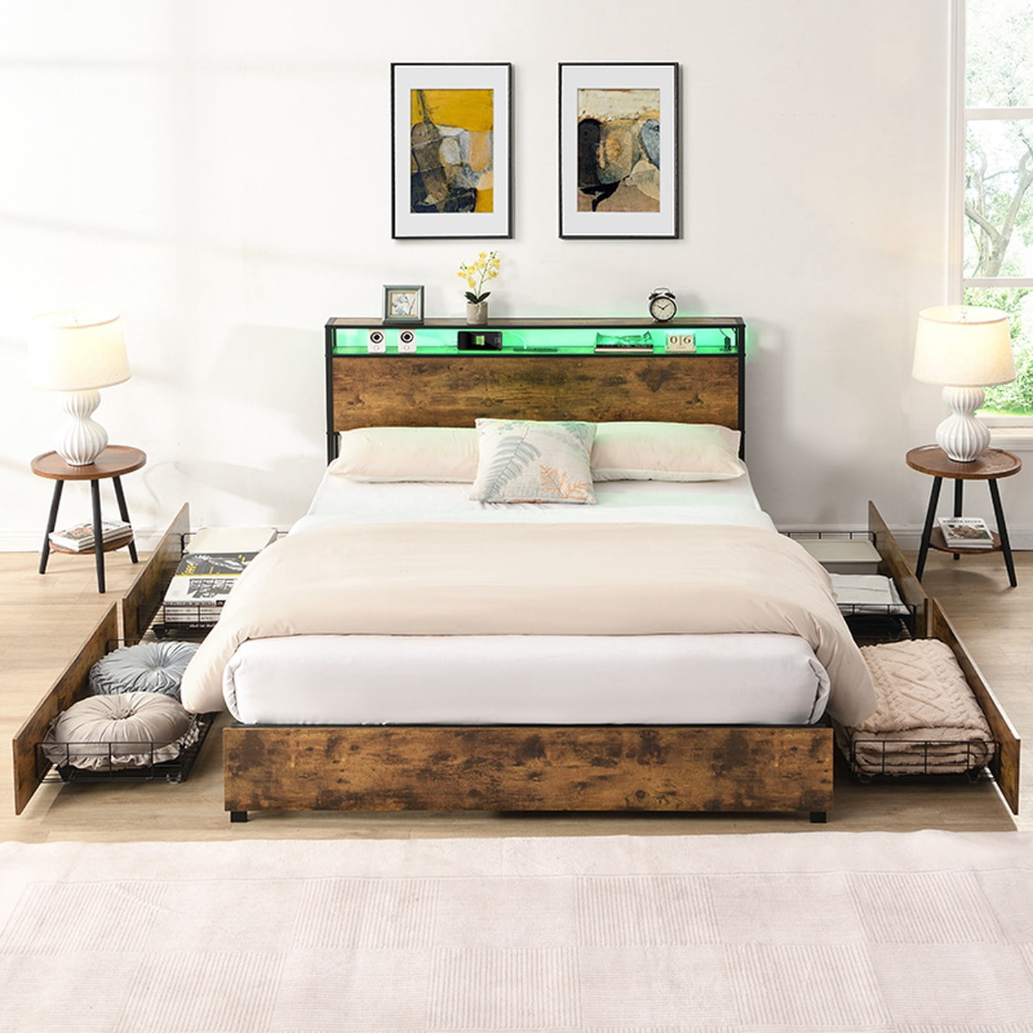 Full Bed Frame, Storage Headboard with Charging Station, Solid and Stable, Noise Free, No Box Spring Needed