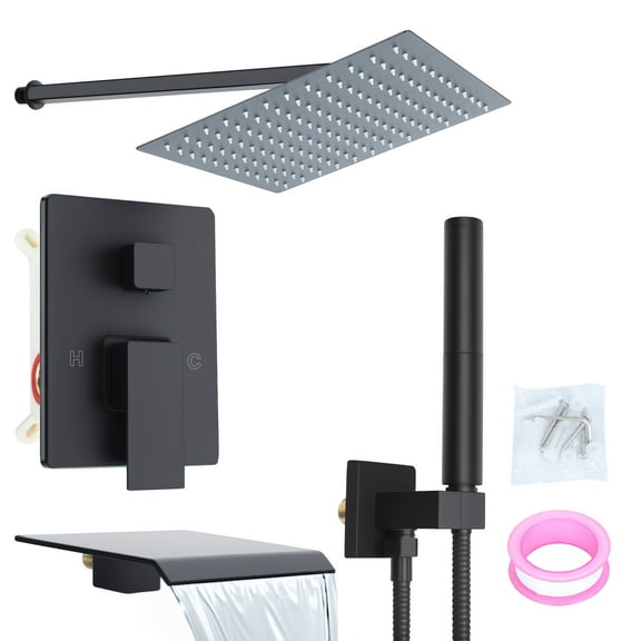 Pimsoran Matte Black Rain Shower System Set - 12 Inch Rainfall Shower Head with Handheld, Wall Mounted Bathroom Shower Faucet Kit, Valve Included