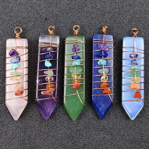 HOOUN 5pcs Natural Quartz Chakra Crystal Healing Point Cut Gemstone Pendant Reiki Bead