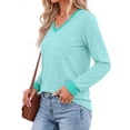 thumbnail image 3 of MOSHU Color Block T Shirts for Women V Neck Long Sleeve Womens Shirts Loose Fall Tops with Pocket, 3 of 10