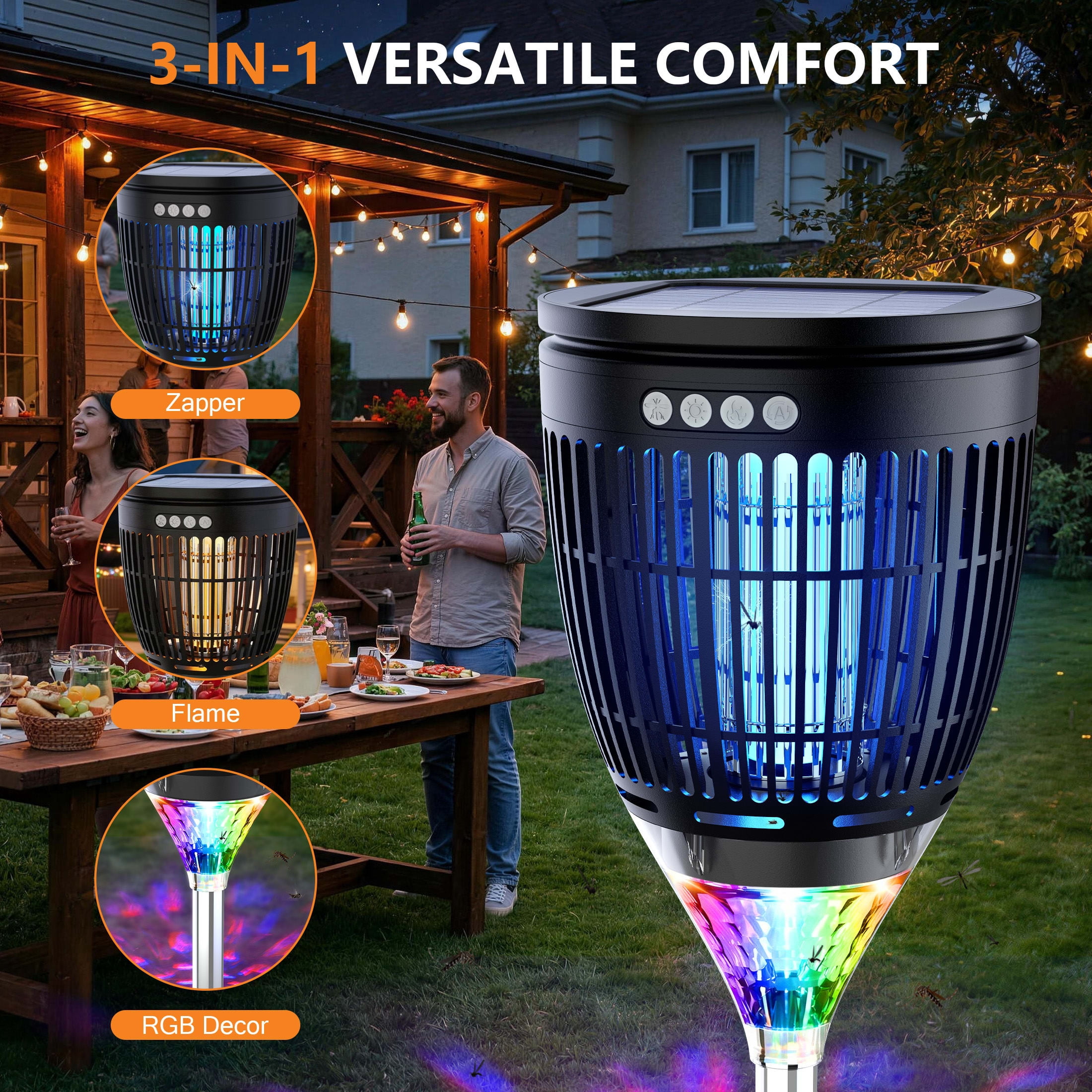 Rossetta Solar Bug Zapper Outdoor, 4200V 3-in-1 Mosquito Killer for Yard Garden Up to 1 Acre