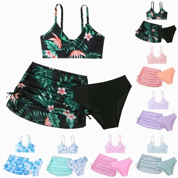 BOBOGOJP Girls' Fashion Bikini Sets Cute 3 Piece Swimsuits V Neck Floral Printed Swimwear Beach Bathing Suit with Cover Up Skirt(Blue, 12-13 Years)