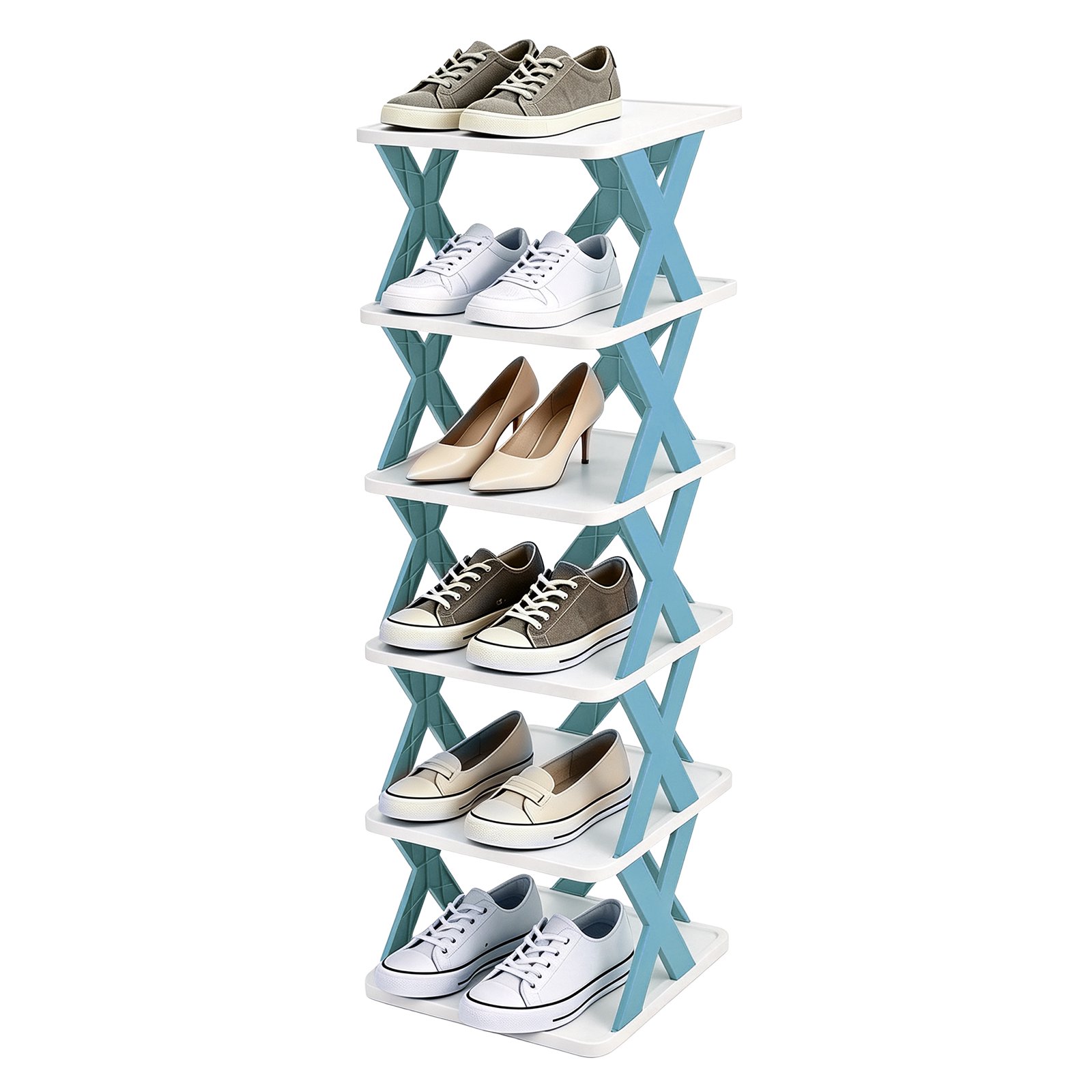 Uxcell Shoe Rack Narrow Shoe Rack 6-Tier Blue Stand White Panel Vertical Free Standing Storage Organizer Small Folding Holder Stackable Space-Saving Shelf for Entryway Closet Bedroom