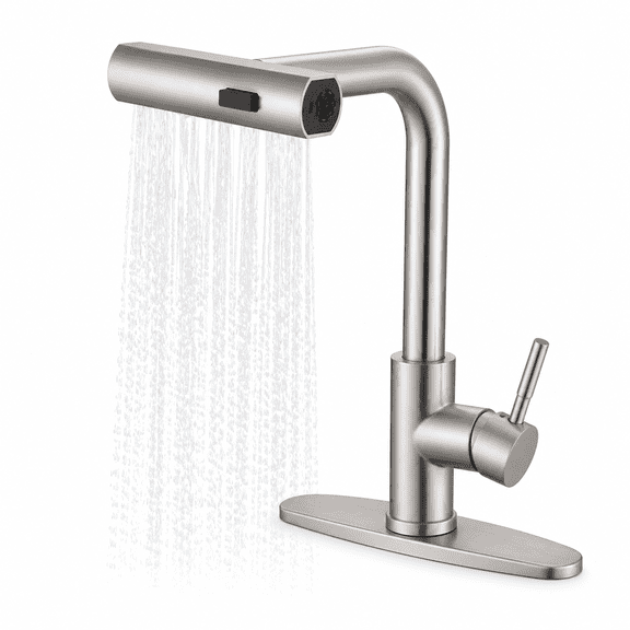 Waterfall Kitchen Faucet Brushed Nickel Single Handle Pull Down Sprayer