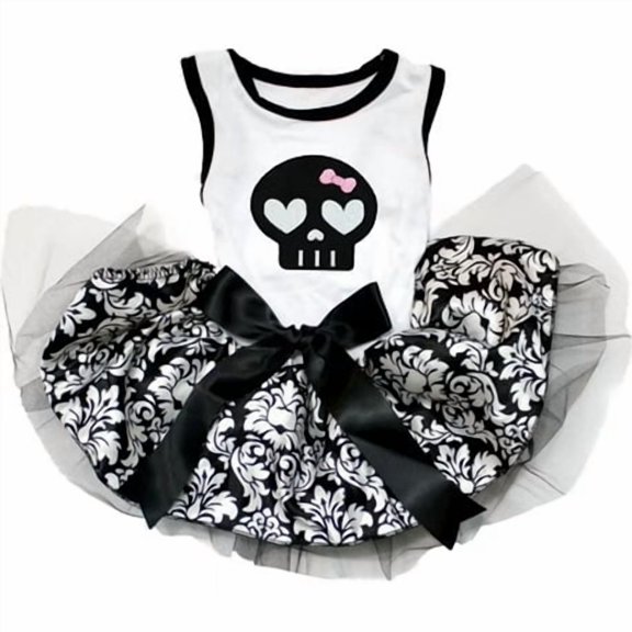 Petitebelle Black Skull Face Puppy Dog Dress (White/Damask, Small)
