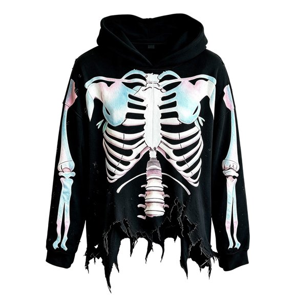Men’s Halloween Outfits Halloween Unisex Y2K Wash Gothic Graphic Hoodies Oversize Grunge Skull Print Sweatshirt Casual Fit Pullover(01_Black,M)
