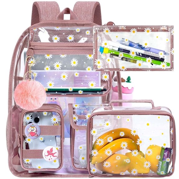 Clear Backpack 17" Women Heavy Duty PVC Transparent Bookbag, Cute Girls Stadium Approved See Through School Bags for Elementary Preschool - Aesthetic Chrysanthemum Pink