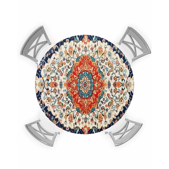 nqOlkjepod Orange Boho Round Tablecloth, Fitted Table Cover with Elastic for 36"-44" Round Tables, Oriental Ethnic Southwest Geometric Flower Table Cloth Outdoor Dinning Party Waterproof Tablecloths