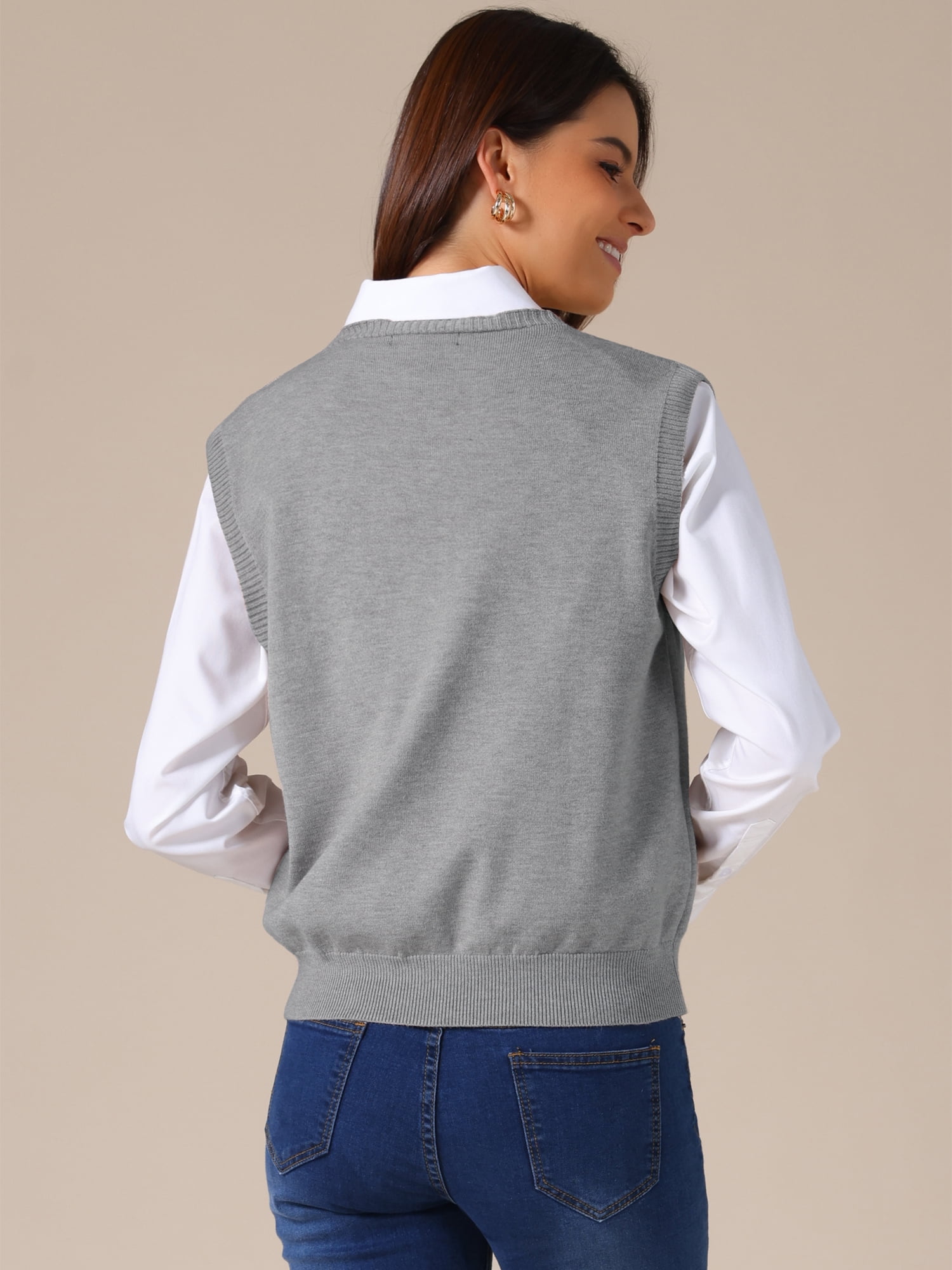 DARING DIVA Women's Uniform V Neck Knit Sleeveless Sweater Tank Tops S Grey