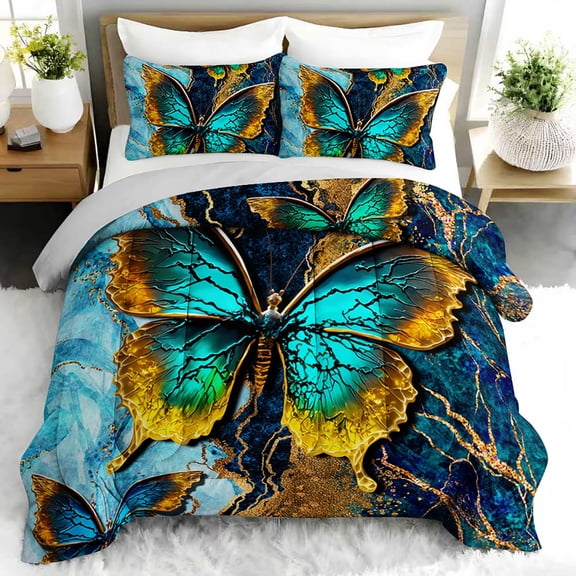 3pcs Luxurious Butterfly Comforter Set, Turquoise Butterfly Bedding Set for Bedroom or Guest Room Decor, All Seasons Quilt Machine Washable Duvet with 2 Pillowcases