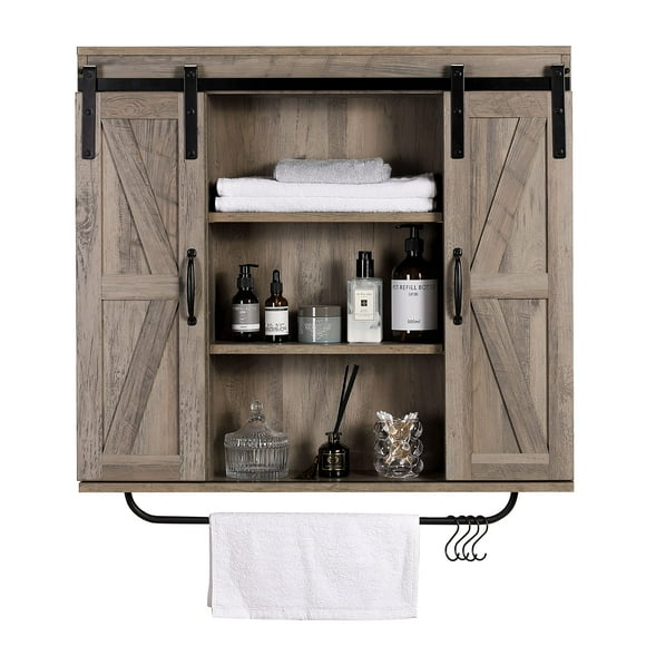 Rustown Rustic Wood Wall Storage Cabinet with Two Sliding Barn Door, 3-Tier Decorative Farmhouse Vintage Cabinet for Kitchen Dining, Bathroom, Living Room, Washed Oak