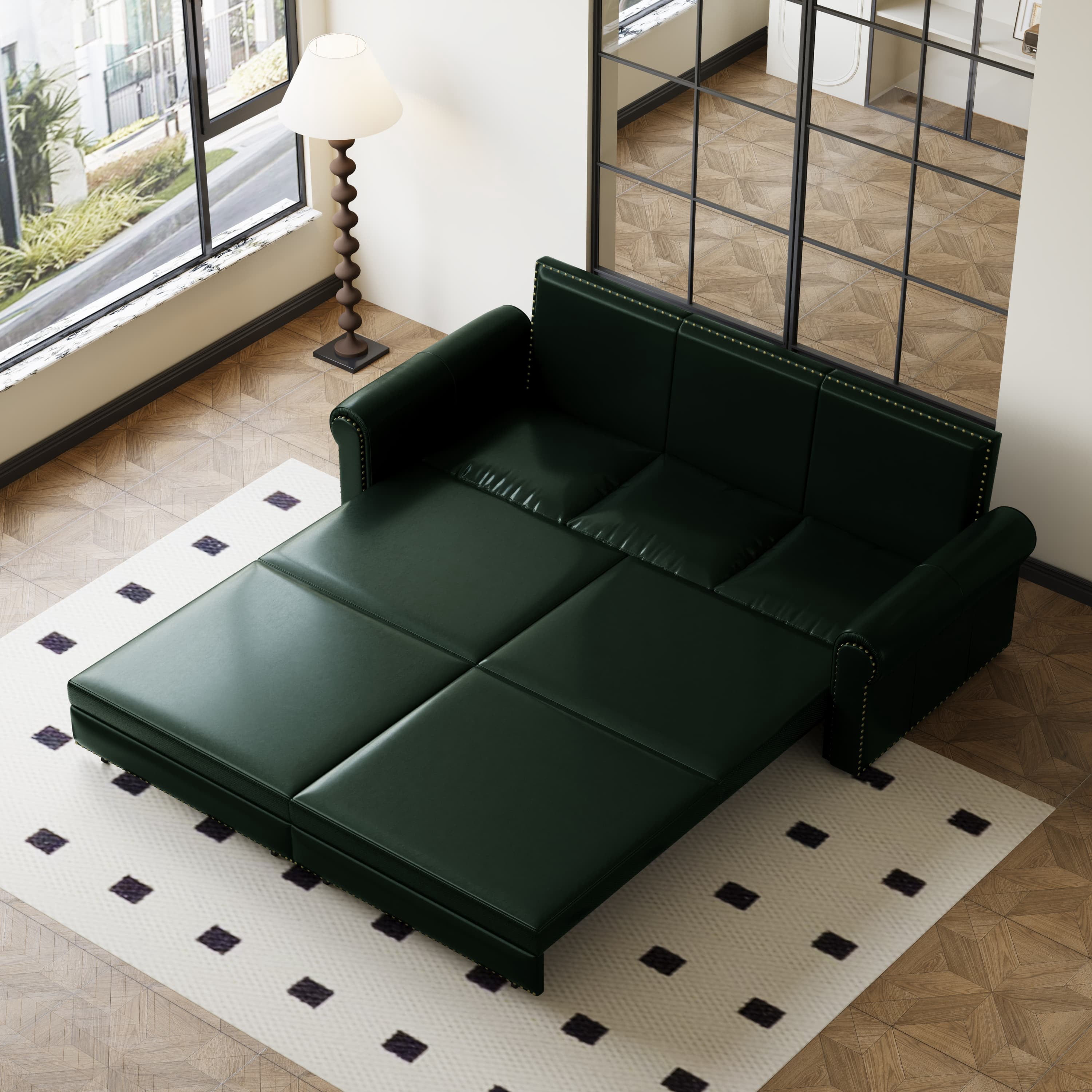 Chesterfield Sofa,93.7" King Pull Out Sofa Bed,3-in-1 Faux Leather Convertible Sleeper Sofa with Nailhead Trim & Rolled Arm,Multi-Functional Sofa Bed for Living Room,Bedroom