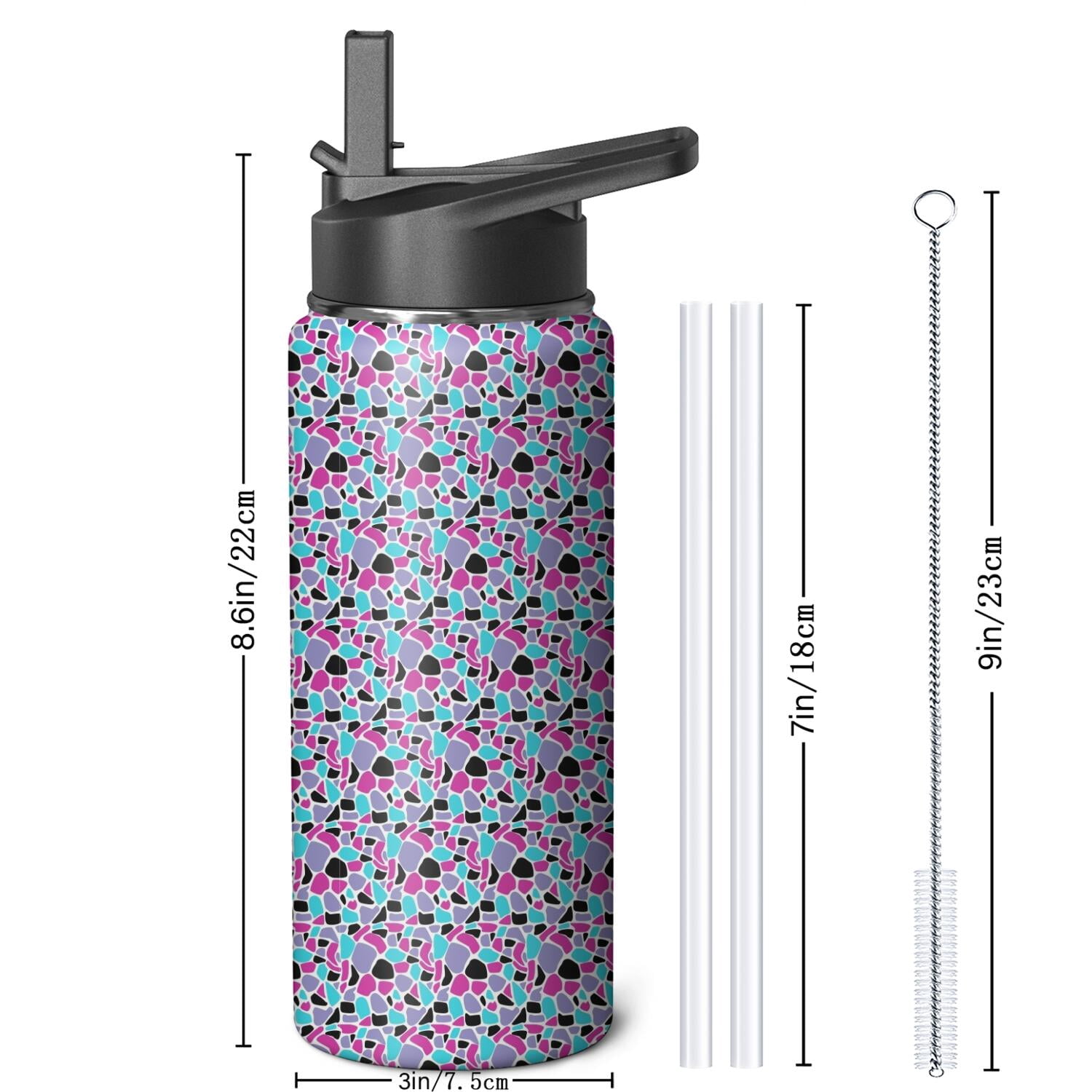 Leopard Print Insulated Stainless Steel Water Bottle with Straw & Cleaning Brush – 18 Oz | Leakproof, BPA-Free, 304 Stainless Steel, Wide Mouth, Travel Mug for Car, Gym, Office