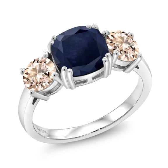 Gem Stone King 925 Sterling Silver Blue Sapphire and Peach Morganite 3 Stone Engagement Ring for Women (3.62 Cttw, Gemstone September Birthstone, Cushion 8MM, Size 7)