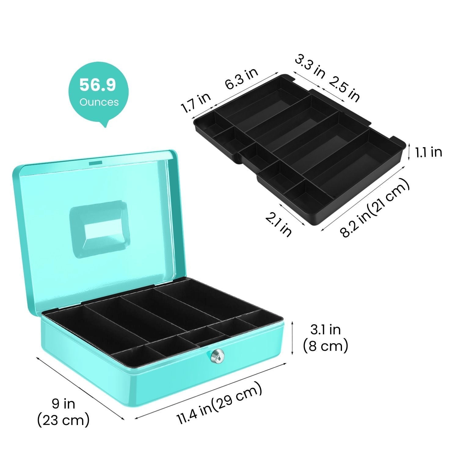 Cash Box with Money Tray and Lock - Metal Cash Box for Small Businesses, 9-Compartment Blue Money Box with Lock and Key for Petty Cash, Checks, Coins, Portable Money Box for Cash Storage