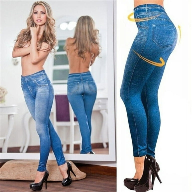 Htwon Women Stretchy Faux Denim Jeans Leggings High Waist Tummy