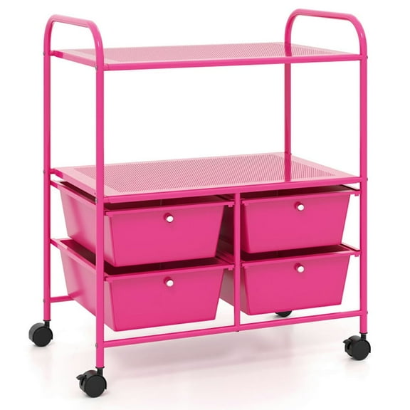 GVN Mobile Shelving Unit Organizer Utility Cart,4 Drawers Shelves Rolling Storage Cart Rack-Hot Pink