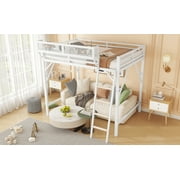 Queen Size Loft Bed with Storage, Metal Loft Beds with Upper Shelf, High Loft Bed Frame with Ladder, Lofted Queen Bed for Teens, White Loft Bed