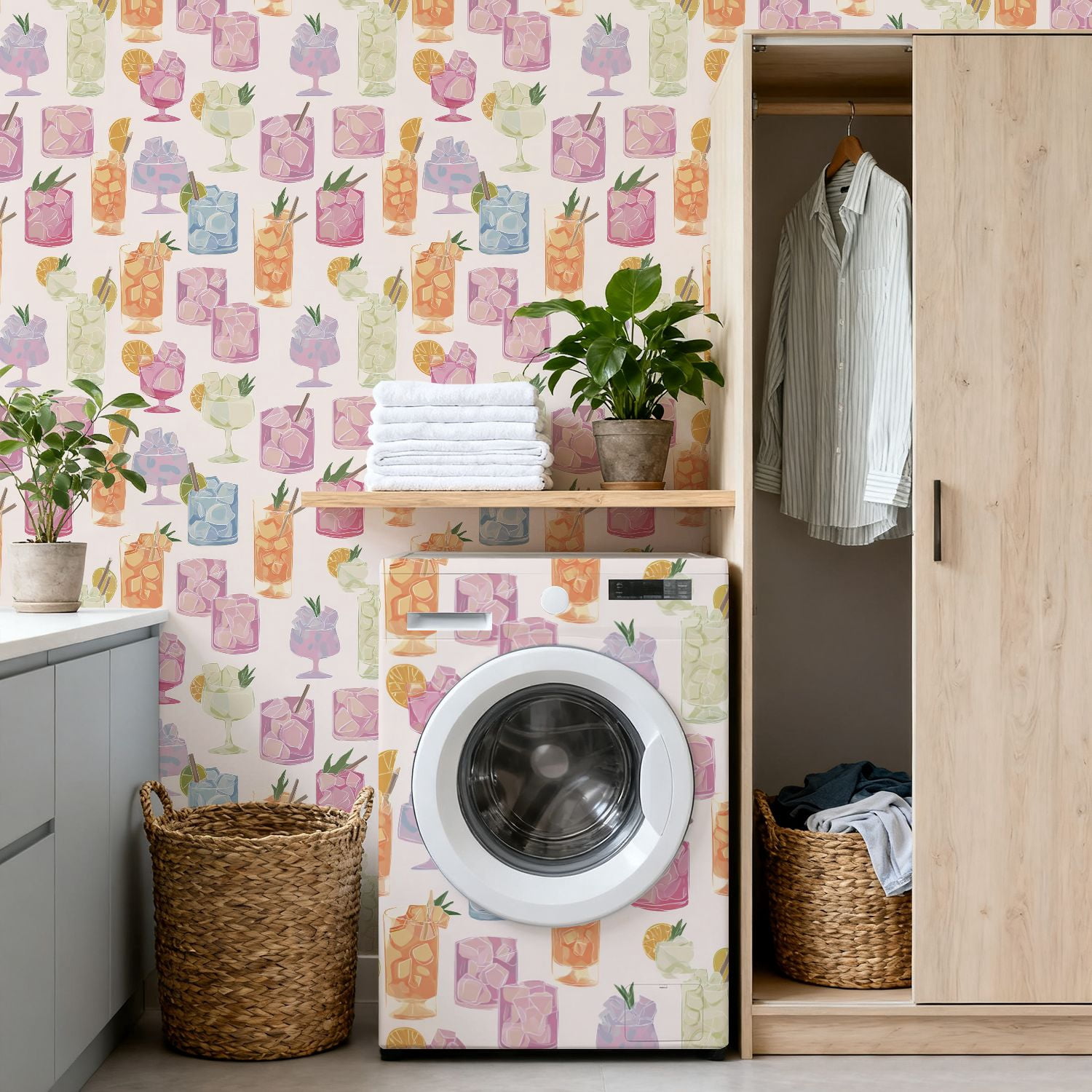 Peel and Stick Wallpaper Colorful Cocktail Glass Ice Cubes Citrus Pastel Style Wall Mural 17.7in x 9.8ft Self Adhesive Removable Wall Paper Renter Friendly Wallpaper for Nursery Bedroom Cabinets