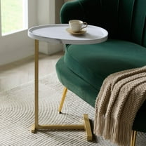 Kings Brand Furniture C-Shaped Side End Table, White Wood & Gold Metal Sofa Snack Table for Living Room, Bedroom or Bedside