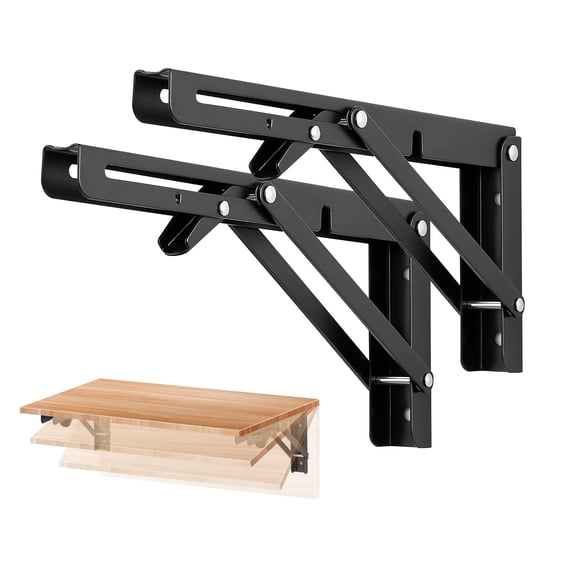 2 Pack 10 Inch Folding Shelf Brackets Matte Black Heavy Duty Collapsible Brackets for Tables and Benches Space Saving Design