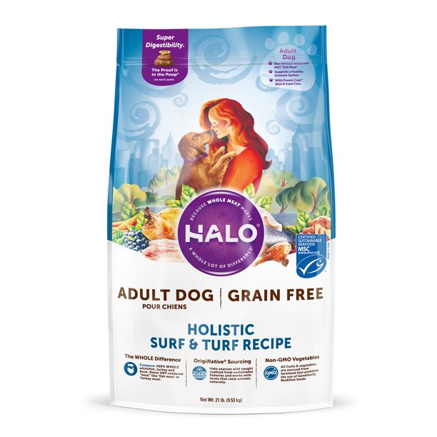 Halo Grain Free Natural Dry Dog Food, Surf & Turf Recipe, 21Pound Bag