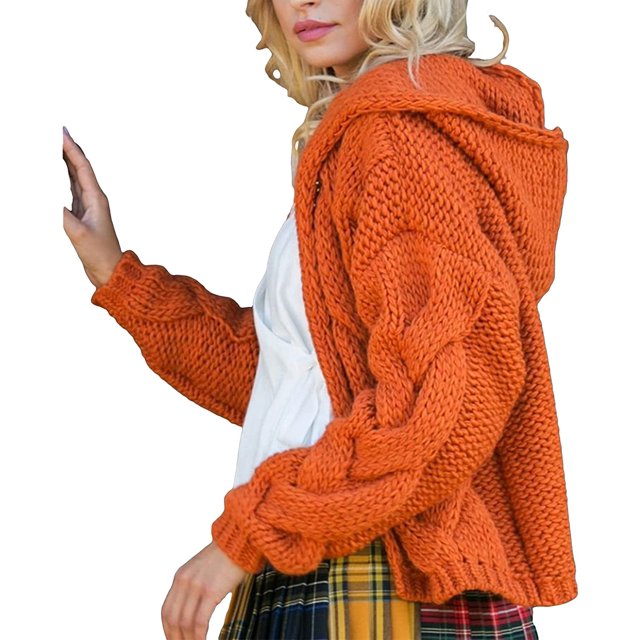 Knitted Hoody Cardigan Long Sleeves Pullover Sweater Coat Solid Color Open Front Cable Hooded Outwear Jacket