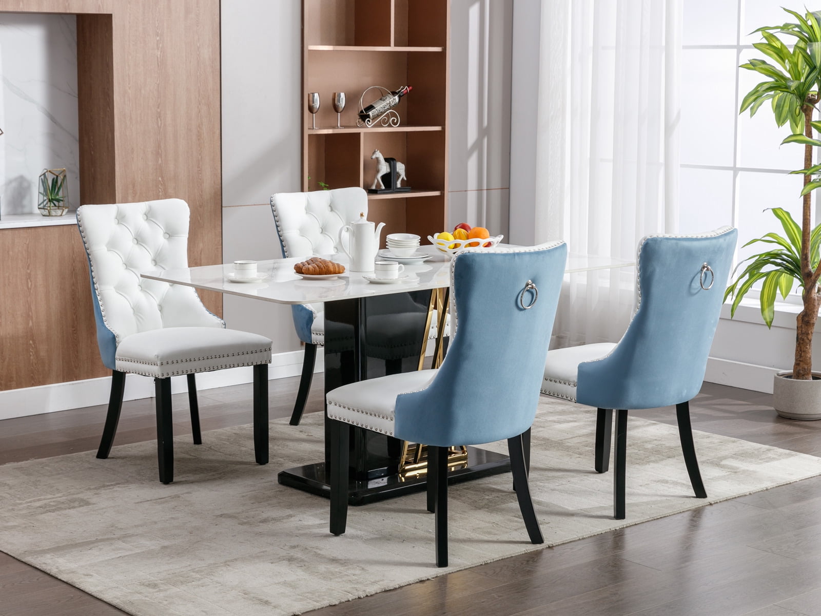 Gewnee 2-Pcs Set Modern High-End Tufted Solid Wood Contemporary PU and Velvet Upholstered White+Light Blue Dining Chair with Wood Legs Nailhead Trim