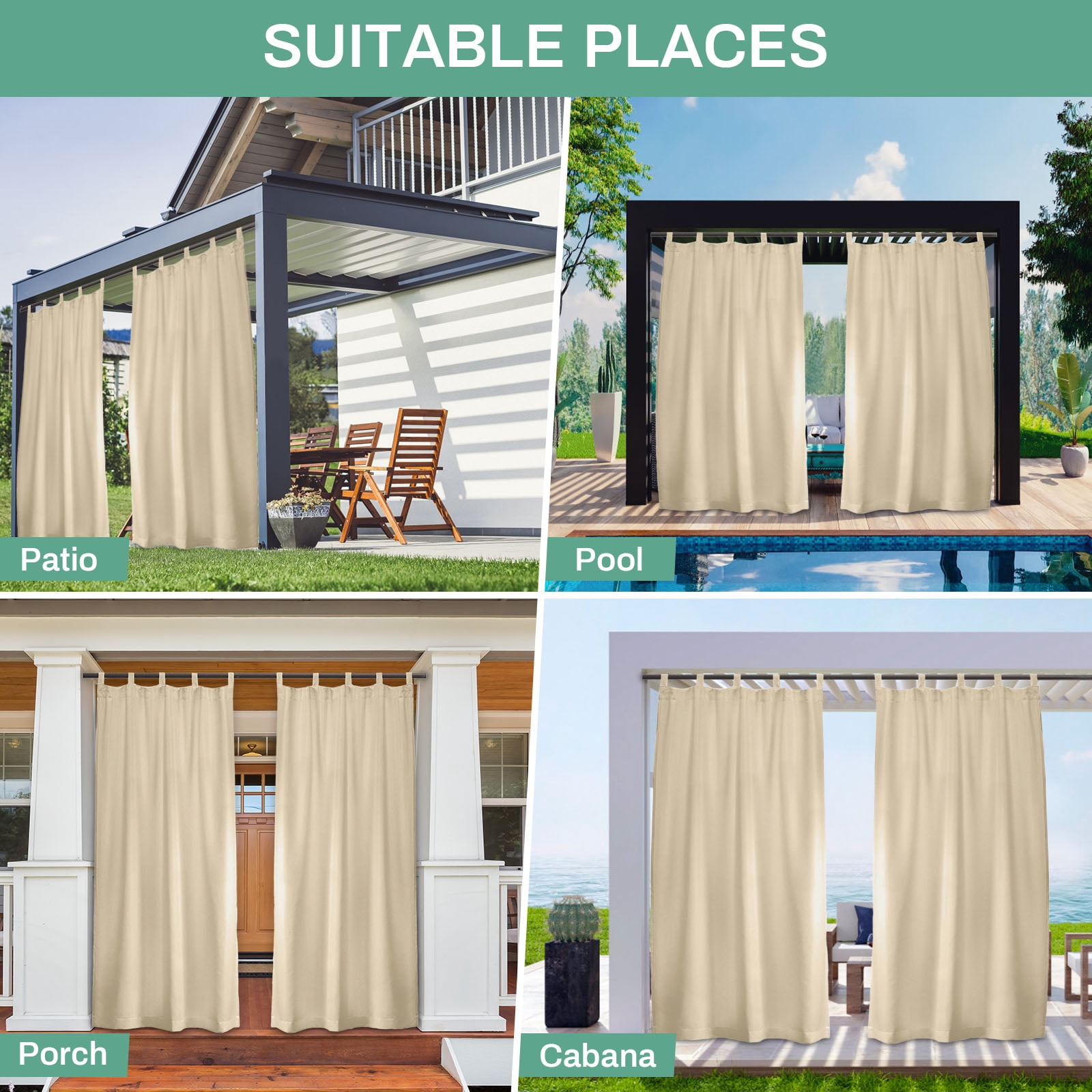 Lapalife Outdoor Patio Curtains Waterproof, Tab Top 52" x 84" Blackout Privacy Thermal Insulated Curtains for Pergola Porch, 1 Panel, Beige