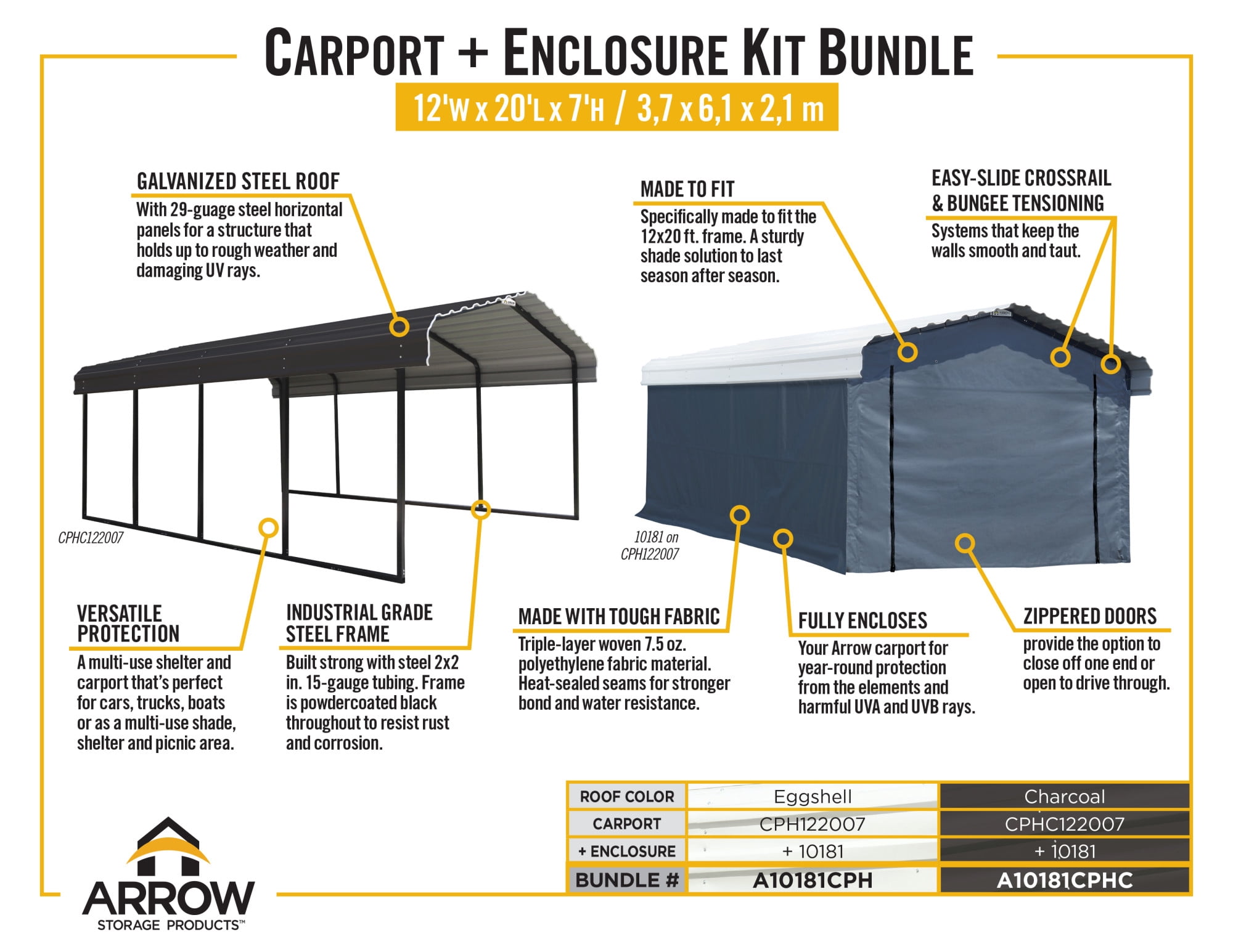 Arrow 12' x 20' x 7' 29-Gauge Carport with Galvanized Steel Roof Panels and Enclosure Kit, Eggshell
