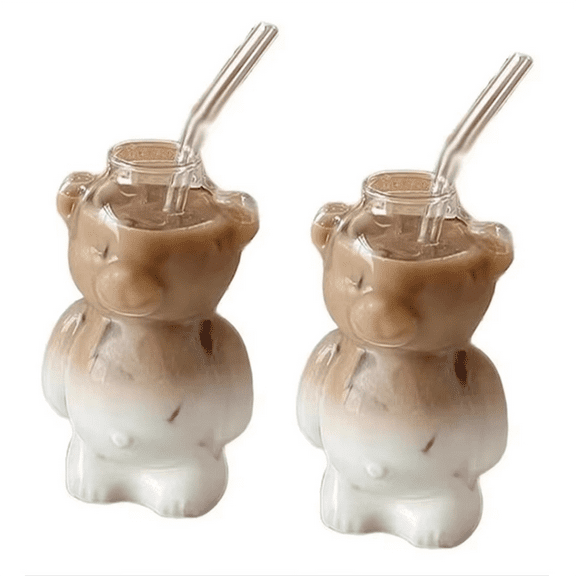 320ML Cartoon Bear Shaped Coffee Mug Cute Bear Mug Glass Cup with Straw Transparent Innovative Milk Coffee Water Cups,2 x Bear Cup 2 x straw,As Shown