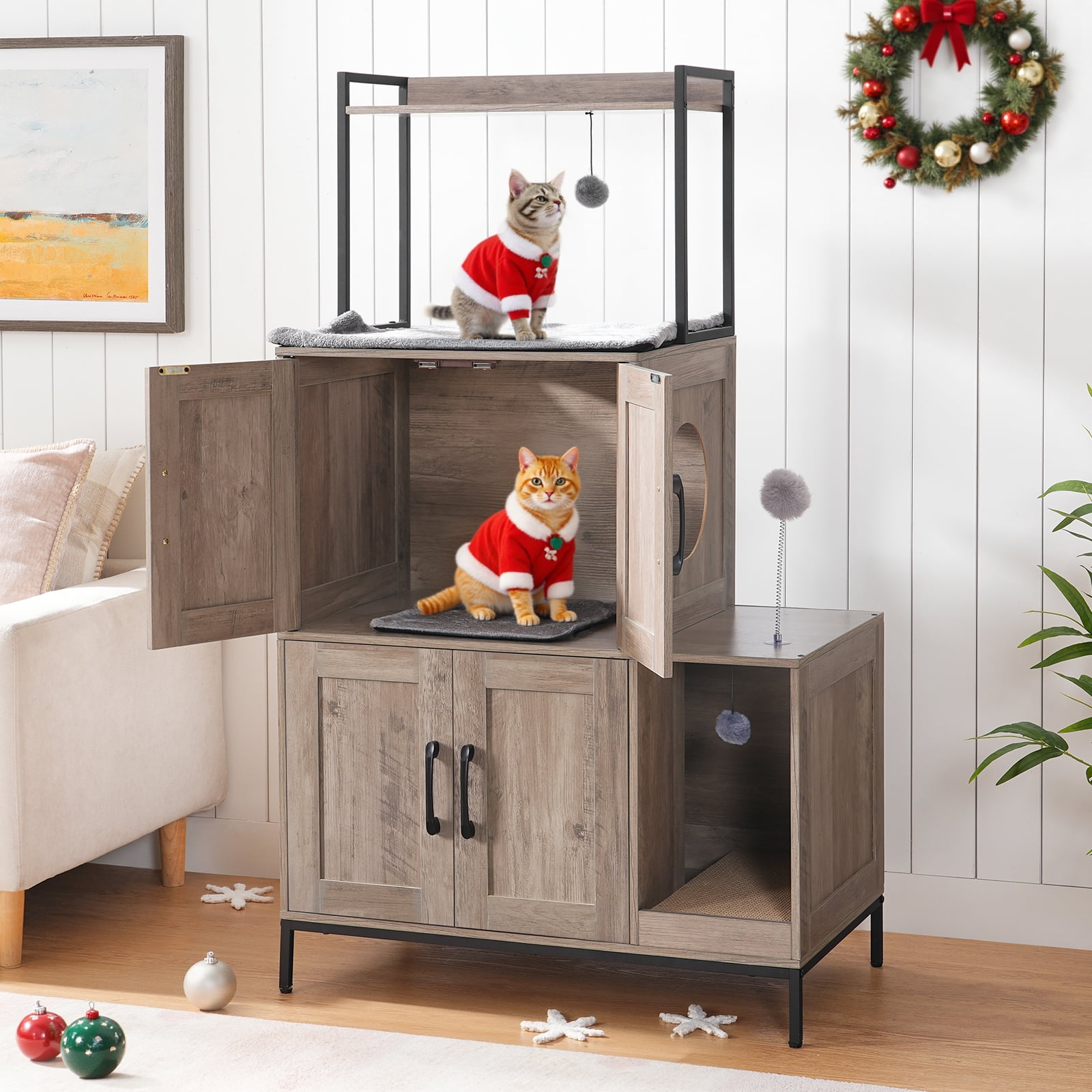 HOOBRO Hidden Double Litter Box Enclosure with Shelf, Greige and Black