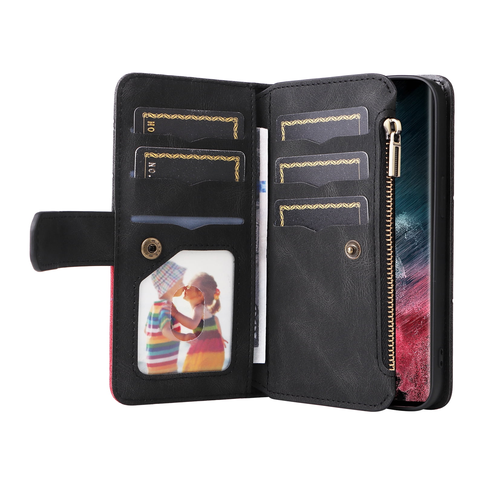 Dteck for Samsung Galaxy S23 Ultra Case Wallet with 9 Card Slots, Zipper Pocket PU Leather Folio Flip Phone Case with Wristlet Strap for Samsung Galaxy S23 Ultra 6.8 Inch, Black