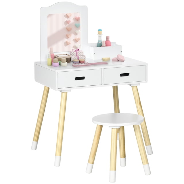 Qaba Ensemble de Coiffeuse pour Enfants avec Miroir et Tabouret pour 3-6 Ans, Blanc