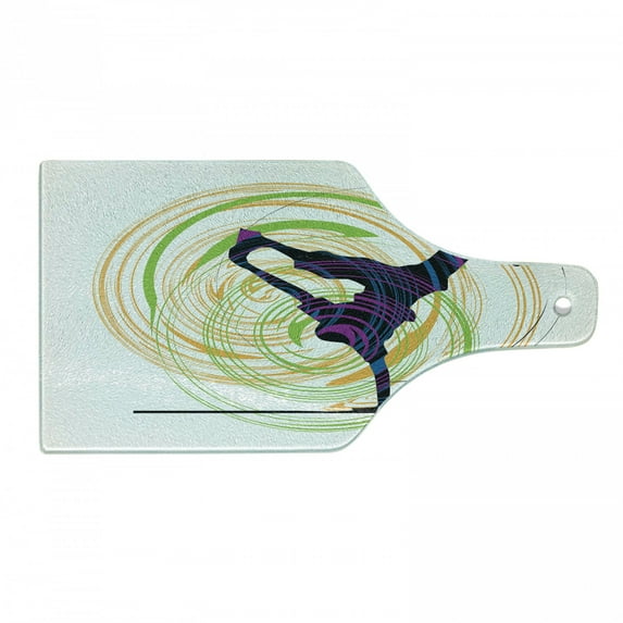 Hip Hop Cutting Board, Breakdancer on Single Hand Stand Silhouette with Spiral Form Ornaments Themed Print, Tempered Glass Cutting and Serving Board, Wine Bottle Shape, Multicolor, by Ambesonne