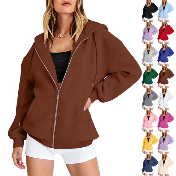 UDAUDU Womens Zip UP Hoodie Lightweight Sweatshirt Fall Winter Outfits with Pocket Casual Jackets Loose Fit Clothes Coffee S