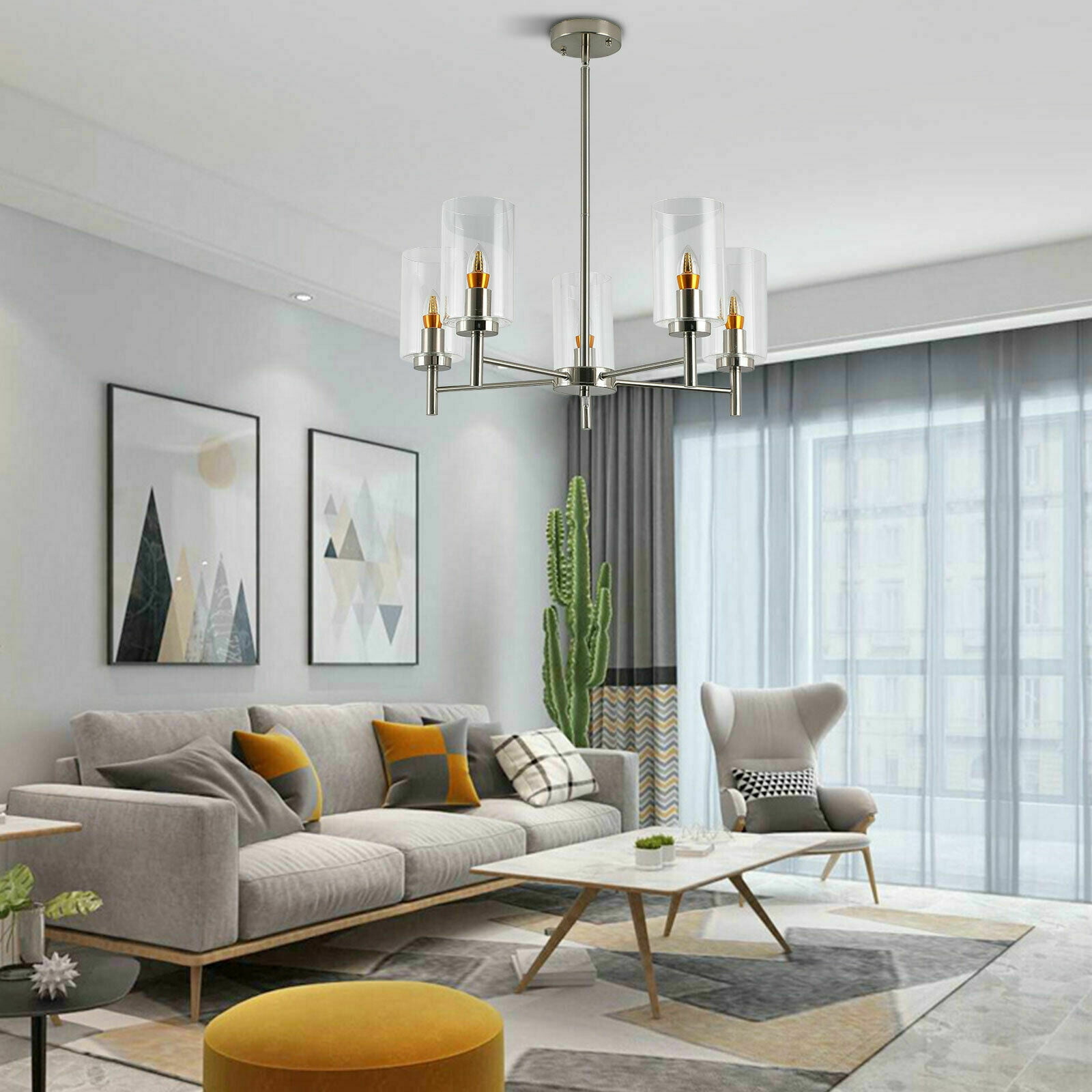 5 Lights Round Sliver Brushed Nickel Island Chandelier Lighting Dining Room Lighting Fixtures Hanging Chandelier Glass Pendant Light for Kitchen ...
