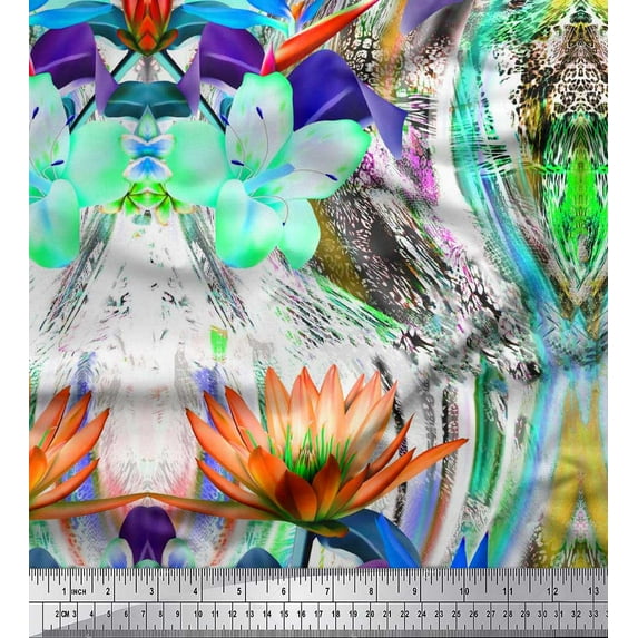 Soimoi Cotton Cambric Fabric Leaves & Tropical Flower Print Fabric by Yard 42 Inch Wide