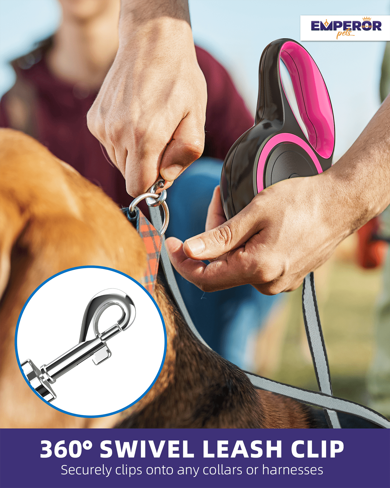 Emperor Pets Retractable Dog Leash, 26 ft, Large, Pink, for Dogs up to 110 lbs -PK26