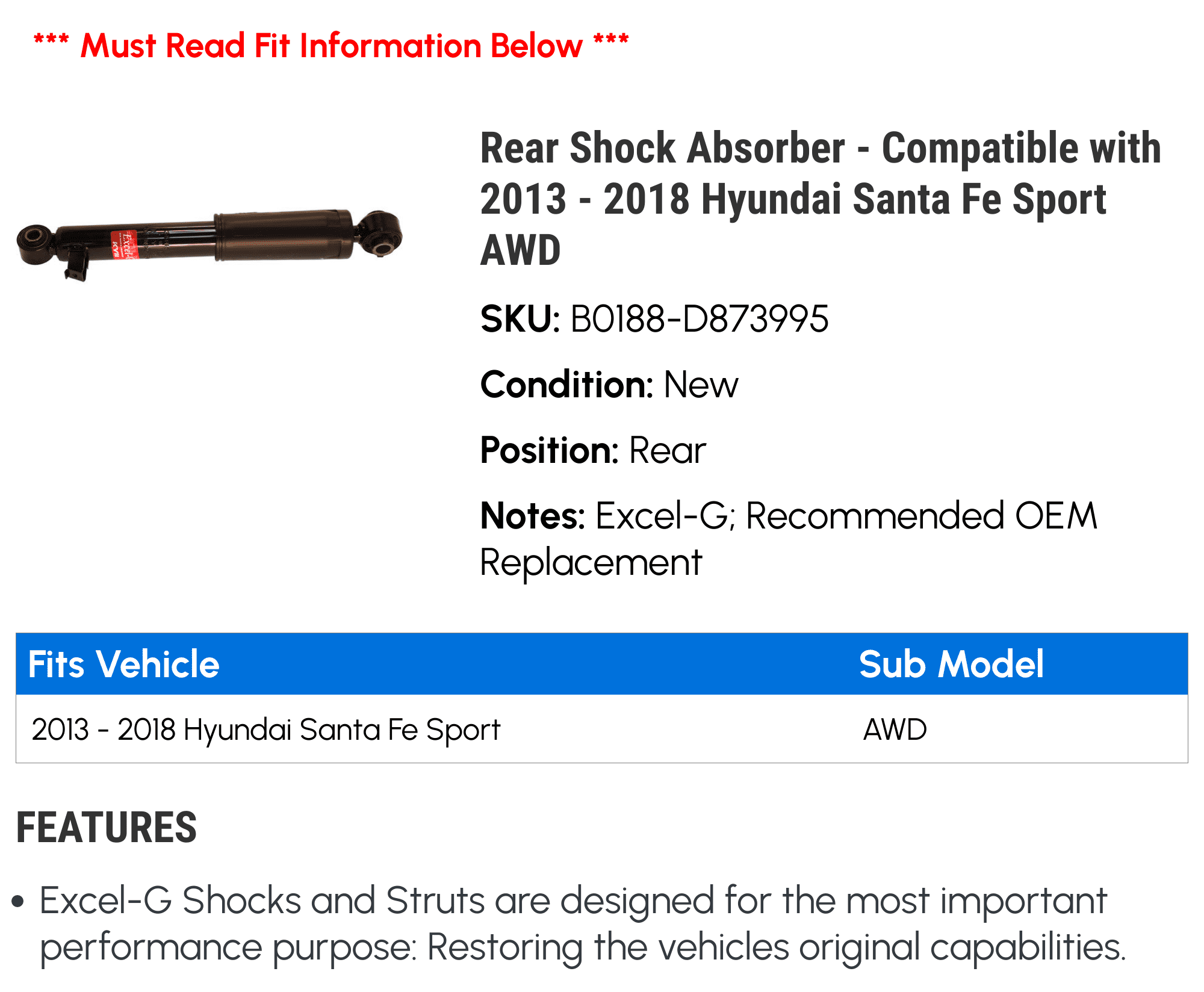 Rear Shock Absorber - Compatible with 2013 - 2018 Hyundai Santa Fe Sport AWD 2014 2015 2016 2017